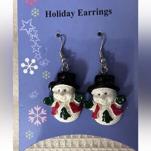 Old Stock Snowman Dangle Earrings - Black, White, Green, Red